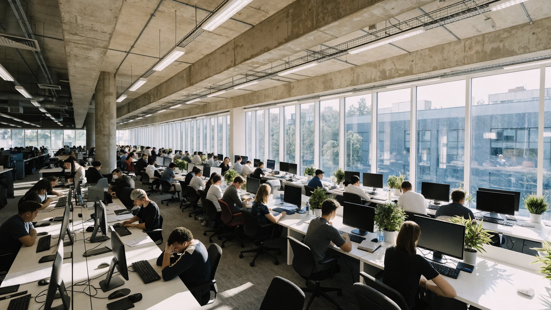 Escritório corporativo amplo e iluminado por luz natural, com longas fileiras de mesas e dezenas de funcionários trabalhando em computadores