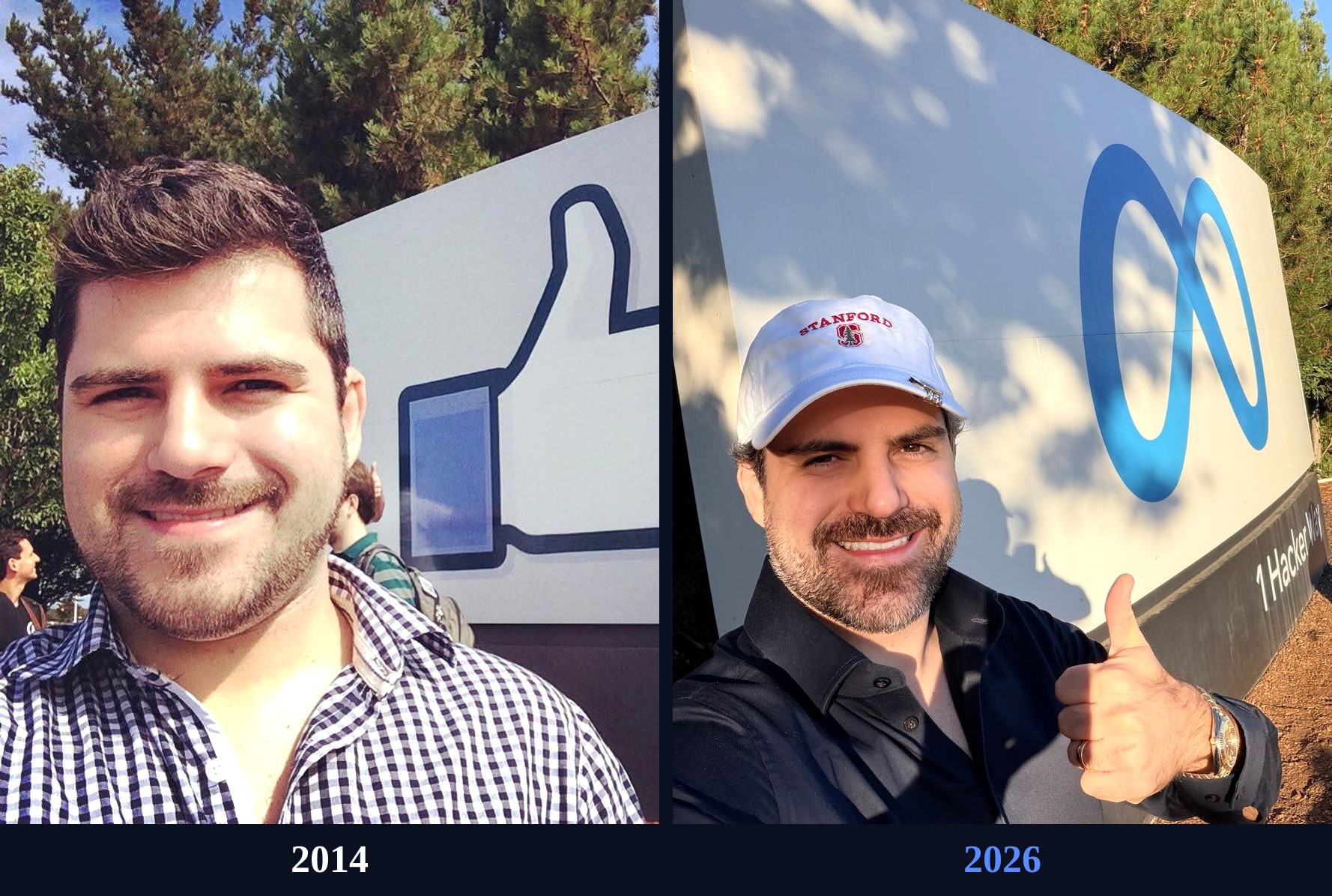 Comparação lado a lado de Samuel Pereira na mesma placa do 1 Hacker Way: em 2014 com o logo do polegar do Facebook e em 2026 com o símbolo azul da Meta
